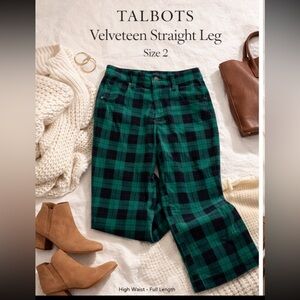 NWT Talbots Velveteen Straight Leg Pants Size 2 Green Plaid High Waist
